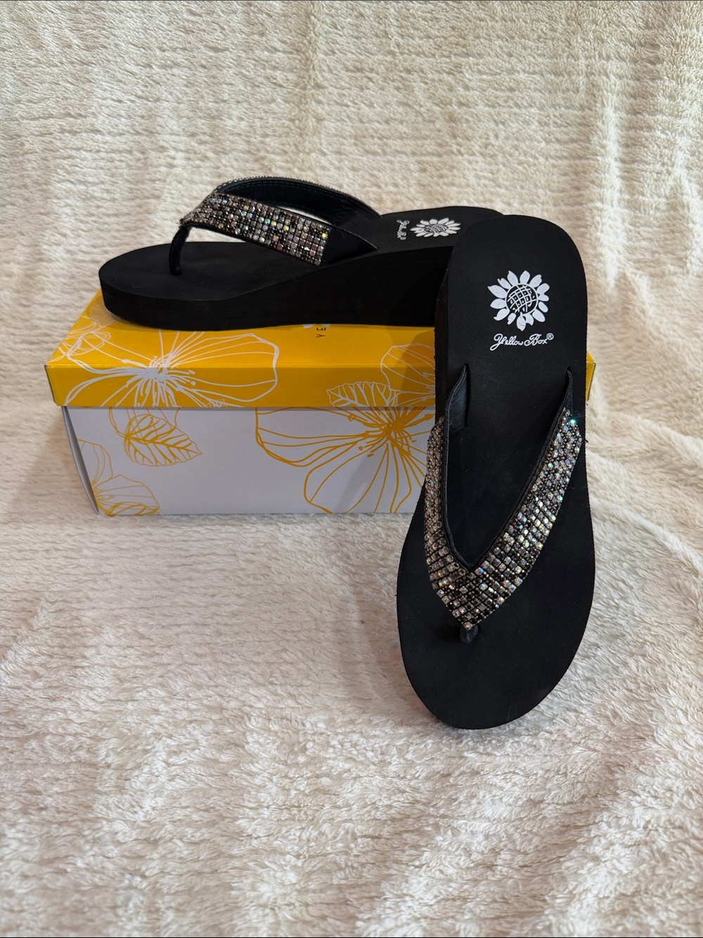 Yellow Box Black Rhinestone V-strap Sandals